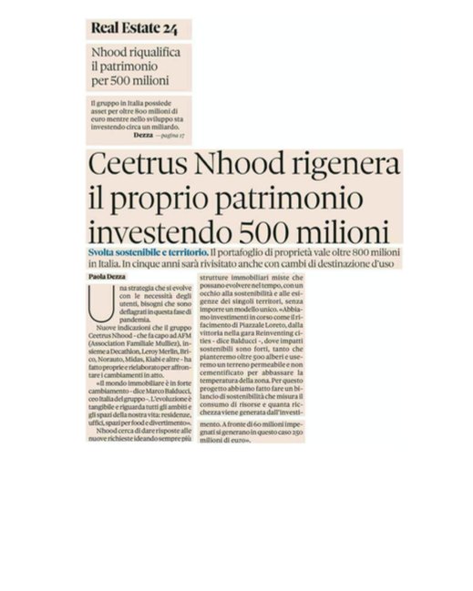 Ceetrus Nhood investe 500 milioni
